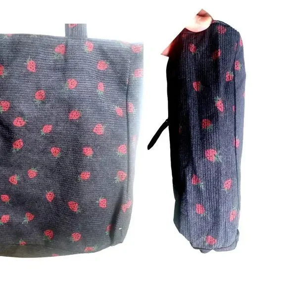 Tote Bag Black w/ Purple Strawberry Printed Lightweight Coquette Soft Girl NWT - Picture 4 of 6